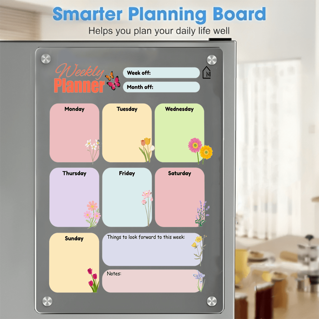 Floral Acrylic Weekly Planner for Fridge | Magnetic Reusable Board with Notes Section - Memories InsiteFLORAL WEEKLY FRIDGE PLANNER WITH NOTES I
